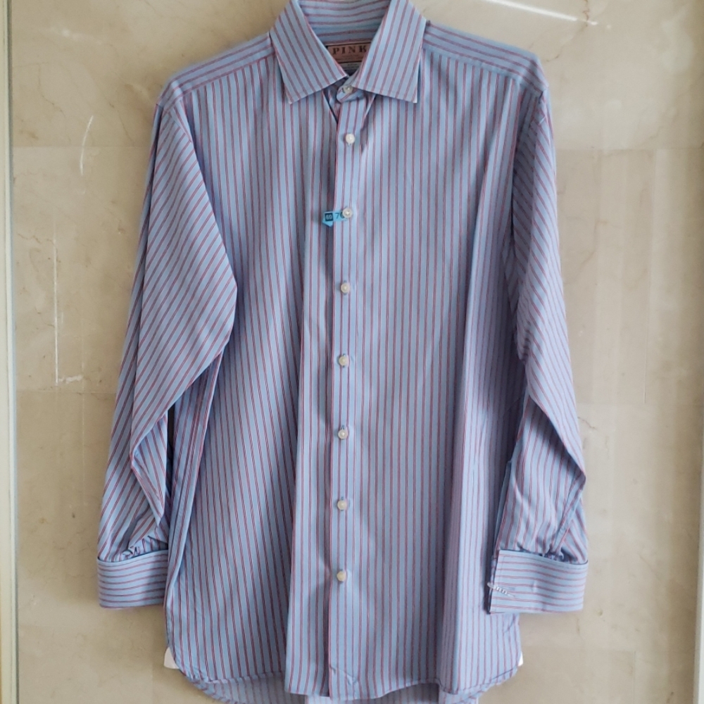 MEN'S THOMAS PINK BLUE RED STRIPED BUTTON DOWN DRESS SHIRT